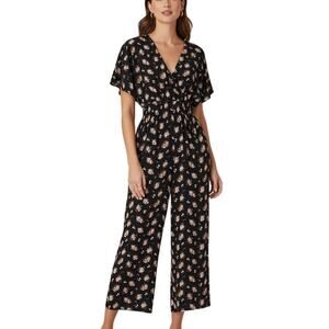 Madewell Black Floral V-Neck Cinched Waist Jumpsuit Women Size XS